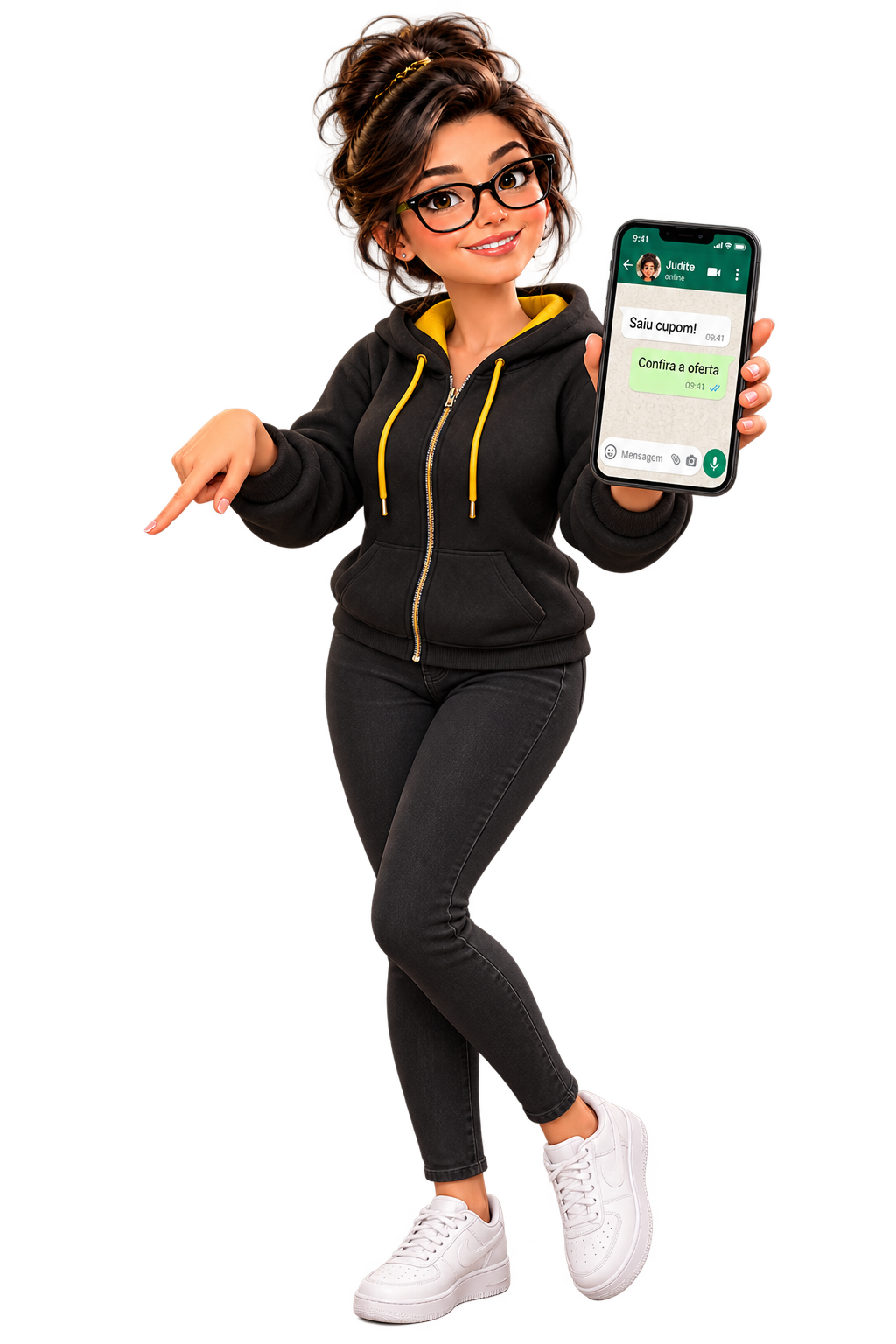 Judite mostra uma conversa no WhatsApp com o aviso de cupom e aponta para ativar o alerta.